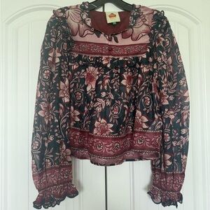 Farm Rio blouse floral long sleeve top size XS new without tags pink navy